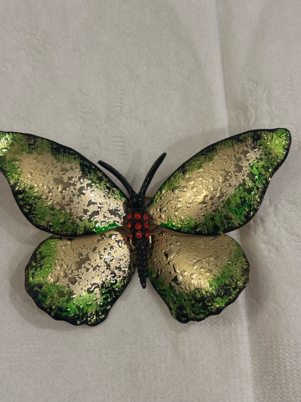 Green and Gold Butterfly Brooch with Red Accent